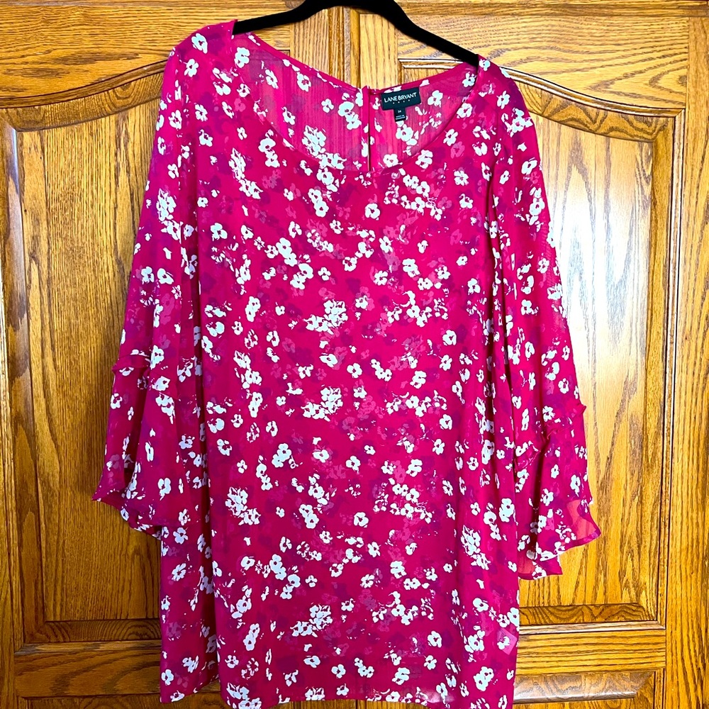 Lane Bryant Pink Floral Bell Sleeve Sheer Top